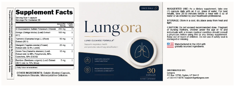 Screenshot of the Lungora Supplement Facts panel and bottle label