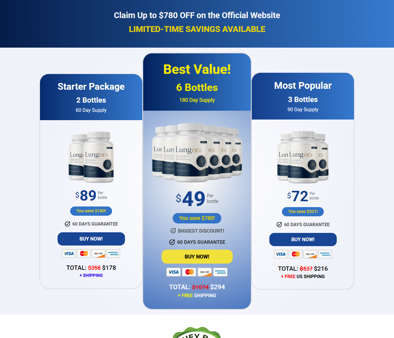 Screenshot of the Lungora order page showing 2, 3 and 6 bottle packages